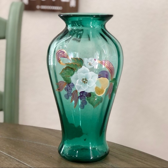 Hand Painted J Cutshaw Ribbed 9.5” Aqua Blue Green Signed Vase Vintage Fenton?